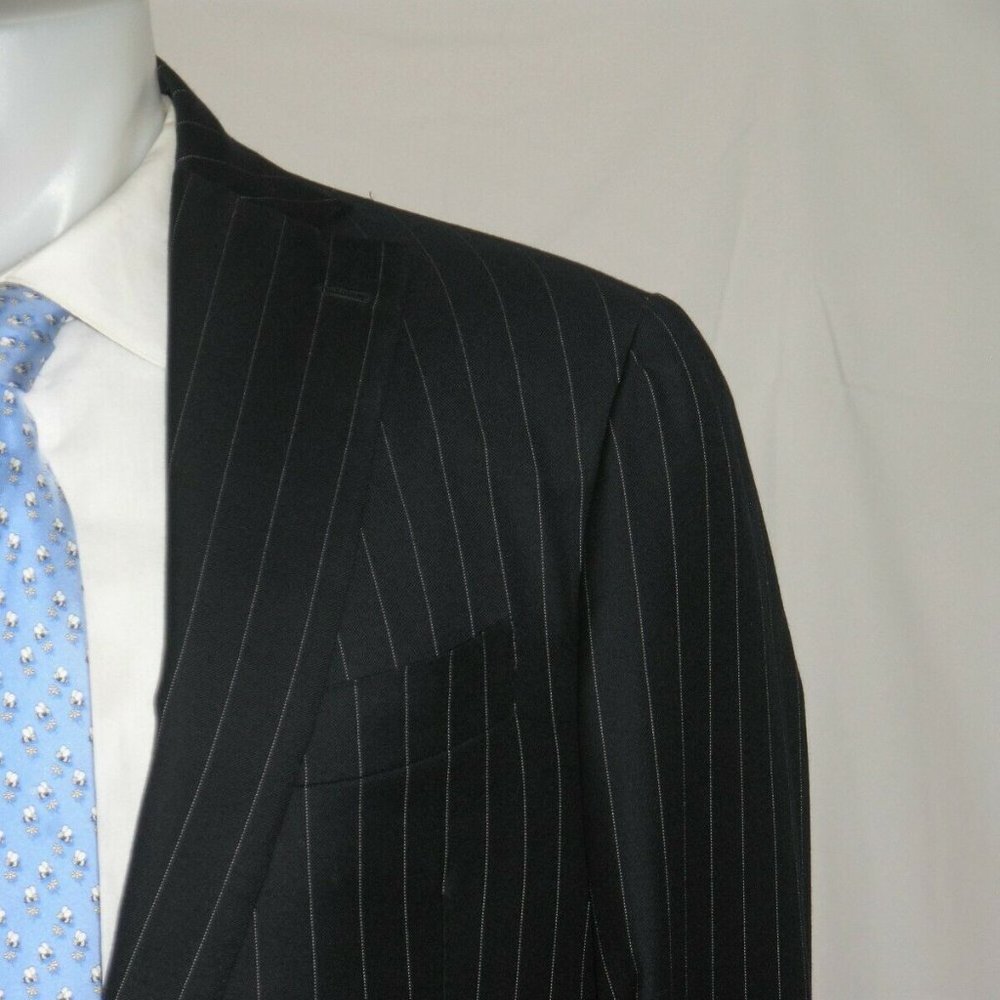 David Chu Bespoke Navy Blue Striped Two Button Suit 40L